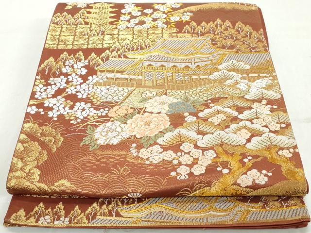平和屋着物◎六通柄袋帯　風景文　金糸　正絹　逸品　DAAW1045qa
