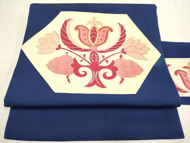 Rakuten - 平和屋着物▼塩瀬　九寸名古屋帯　駒刺繍　洋花文　金彩　正絹　逸品　DABD2184du