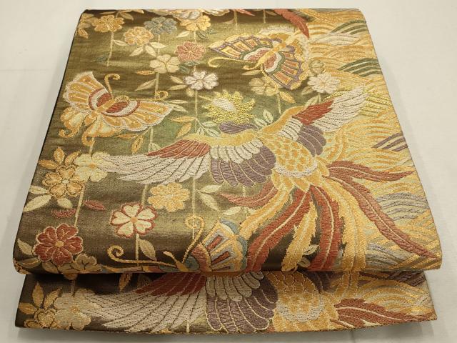 平和屋着物▼六通柄袋帯　鳳凰花蝶文　曙　金糸　正絹　逸品　AABD8034wj