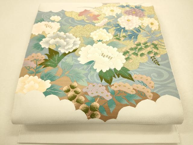 平和屋着物●爪掻き本綴れ　八寸名古屋帯　流水草花文　金糸　正絹　逸品　CAAR1474hy