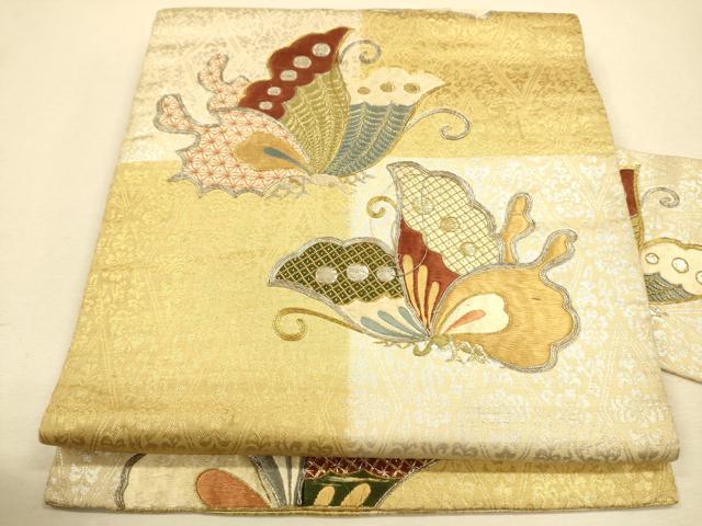 美品 正絹 着物 和服 名古屋帯 340 水色 赤 ピンク 鈴蘭 美品 正絹