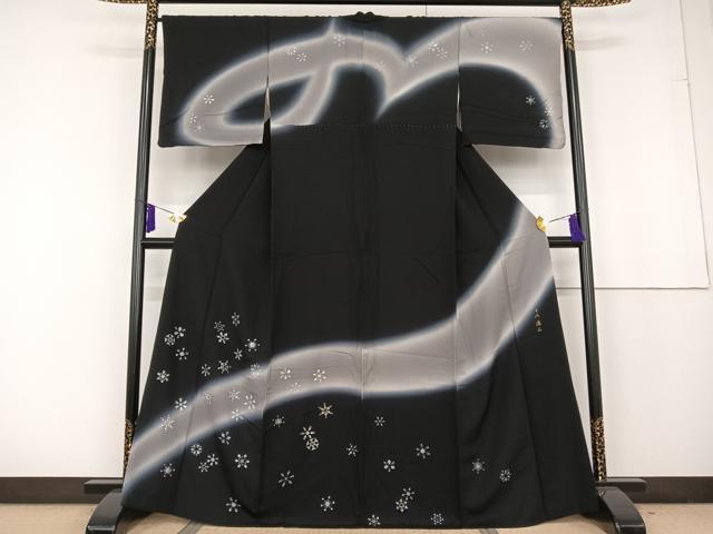 平和屋着物●小広富之　訪問着　雪華　暈し染め　黒地　金彩　正絹　逸品　AAAQ0751np
