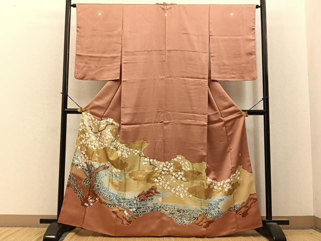 平和屋着物■豪華色留袖 作家物 流水桜文 金銀彩 正絹 逸品 BAAY3898hj