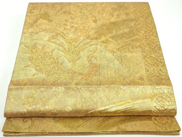 平和屋着物◎六通柄袋帯　孔雀花文　青銅箔　金糸　正絹　逸品　DAAW1078qa