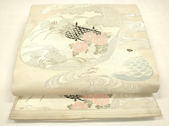 平和屋着物＊夏物　アンティーク　大正ロマン　丸帯　引き抜き帯　唐織　貝合わせ流水草花文　銀糸　正絹　逸品　DABA0305cm