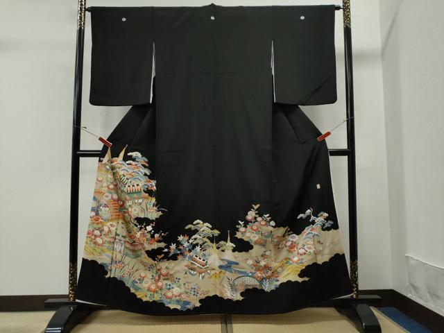 平和屋着物■豪華黒留袖 作家物 渡り橋風景花文 金彩 正絹 逸品 CAAQ2451yc