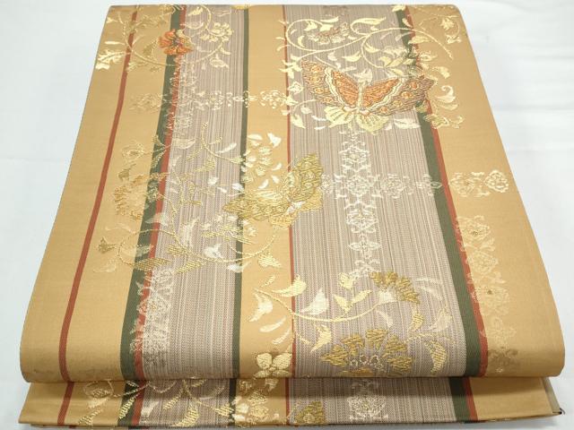 平和屋着物◎六通柄袋帯　更紗花蝶文　金糸　正絹　逸品　CAAY7323th
