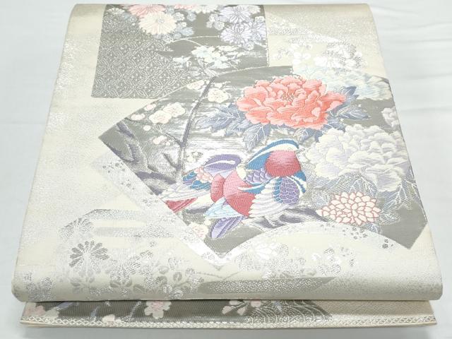 平和屋着物◎六通柄袋帯 唐織 地紙鴛鴦花文 桃山琳派 錦プラチナ箔 正絹 逸品 CAAY7328th