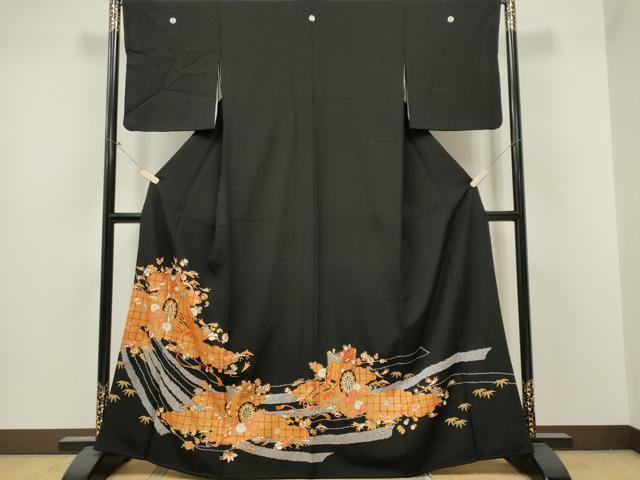 平和屋着物■豪華黒留袖　駒刺繍　宝尽くし御所車花文　金彩　正絹　逸品　CABB1905ou