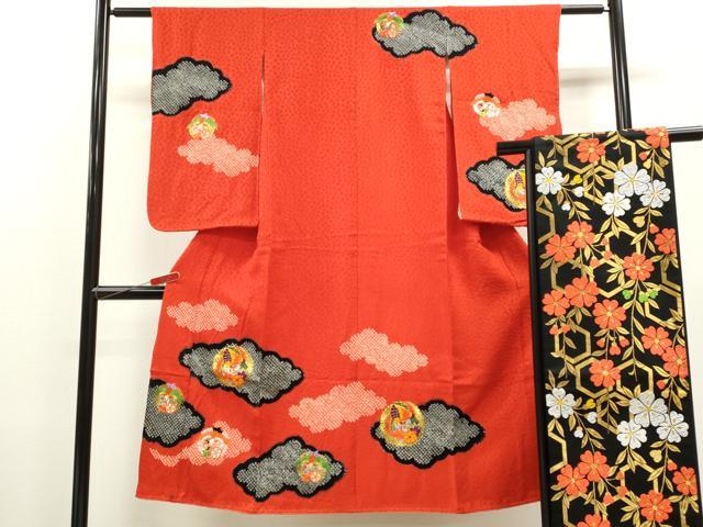平和屋着物[]七五三　女の子　7歳　祝着　四つ身　袋帯セット　駒刺繍　絞り　雲取り鳳凰花丸文　逸品..