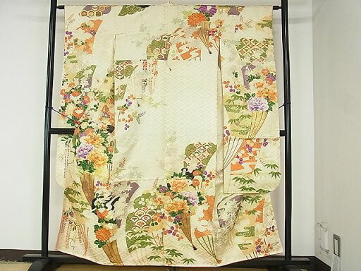 平和屋着物■豪華振袖 駒刺繍 扇草花文 金彩 逸品 DAAD3671sf 平和屋着物■豪華振袖 駒刺繍 扇草花文 金彩 逸品 DAAD3671sf