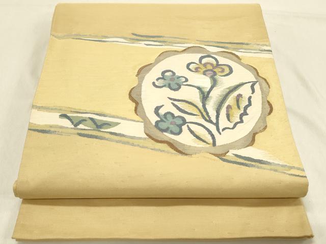 平和屋着物◎太鼓柄袋帯　すくい織　花絵皿文　正絹　逸品　DAAV2891qp