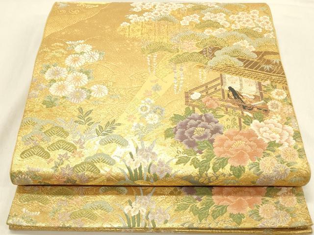 平和屋着物◎六通柄袋帯　人物風景花文　金糸　正絹　逸品　DAAV2897qp