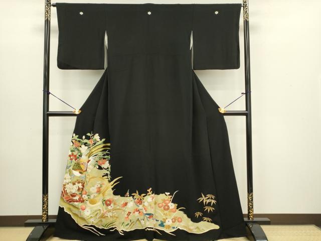 平和屋着物■豪華黒留袖　刺繍　尾長鳥花文　金銀彩　正絹　逸品　DABB2860qp