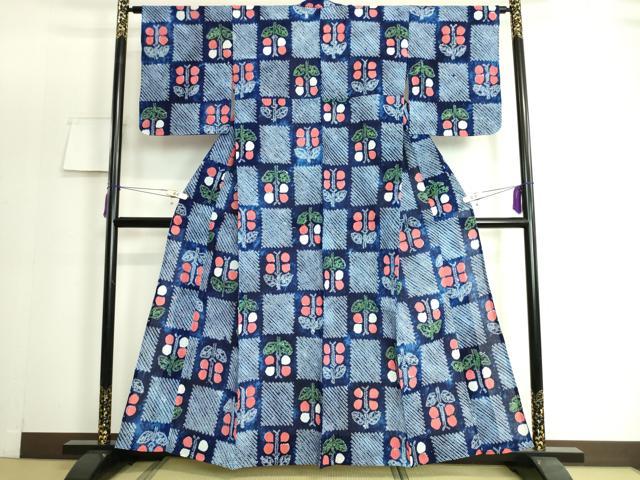 平和屋着物∴極上　夏物　浴衣　有松鳴海絞り　市松草花文　綿　逸品　DZAA20135kh5