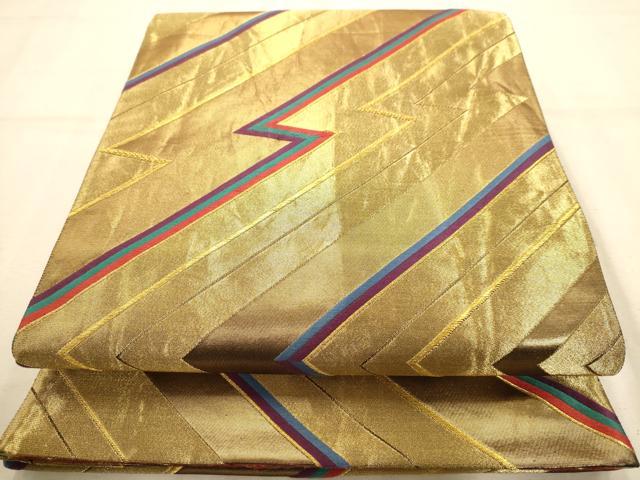 平和屋着物◎両面　六通柄袋帯　唐織　変わり斜縞　金糸　正絹　逸品　AABA4776dt