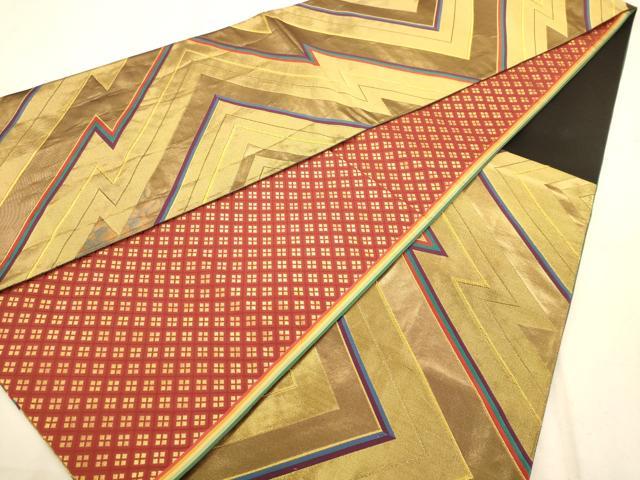 平和屋着物◎両面　六通柄袋帯　唐織　変わり斜縞　金糸　正絹　逸品　AABA4776dt