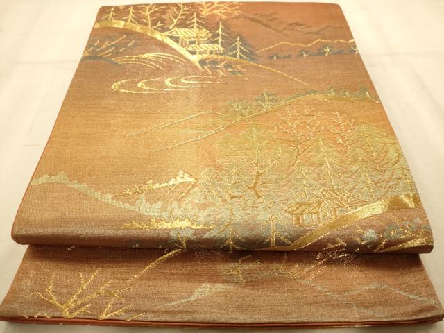 平和屋着物◎六通柄袋帯　風景文　金糸　正絹　逸品　AABA7201dt