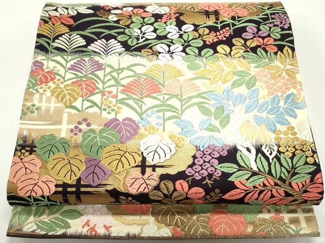 平和屋着物●六通柄袋帯　唐織　雲取り南天葉文　金糸　正絹　逸品　DAAW6669ob