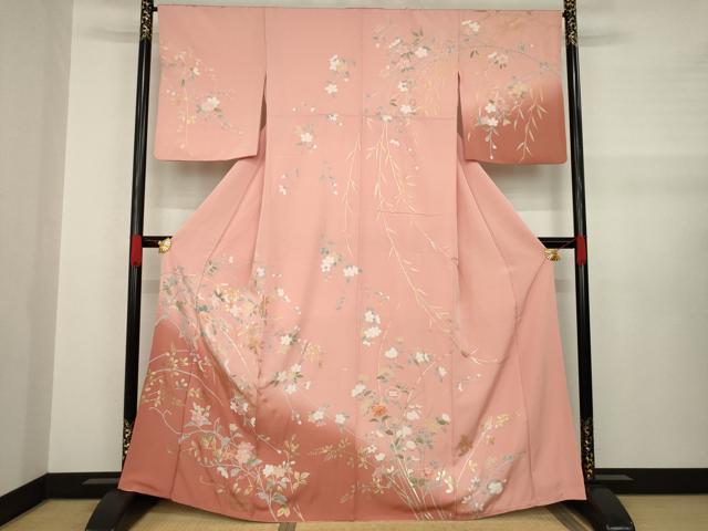 Full-Length Under-Kimono - 平和屋着物●訪問着　友禅　枝花文　暈し染め　金銀彩　正絹　逸品　AABA6696ck
