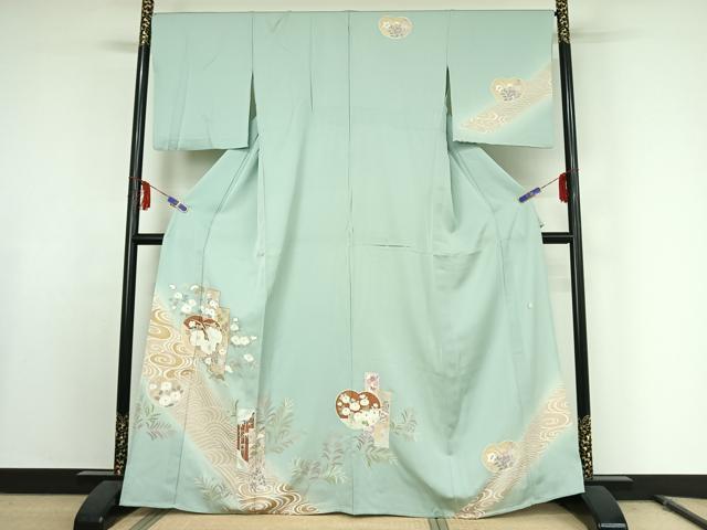 平和屋着物▽訪問着　単衣　作家物　駒刺繍　短冊流水花文　金彩　正絹　逸品　AABE9335jh