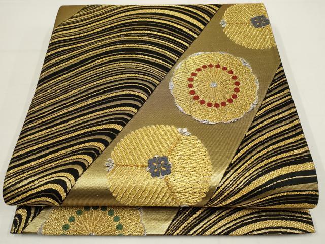 平和屋着物▼六通柄袋帯　斜め取り花文　黒地　金銀糸　正絹　逸品　AABA8347wj