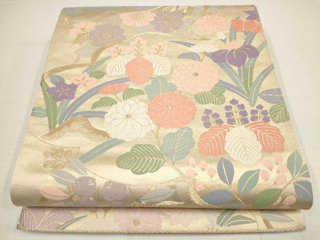 平和屋着物▼六通柄袋帯　唐織　草花文　金糸　正絹　逸品　AABA8361wj