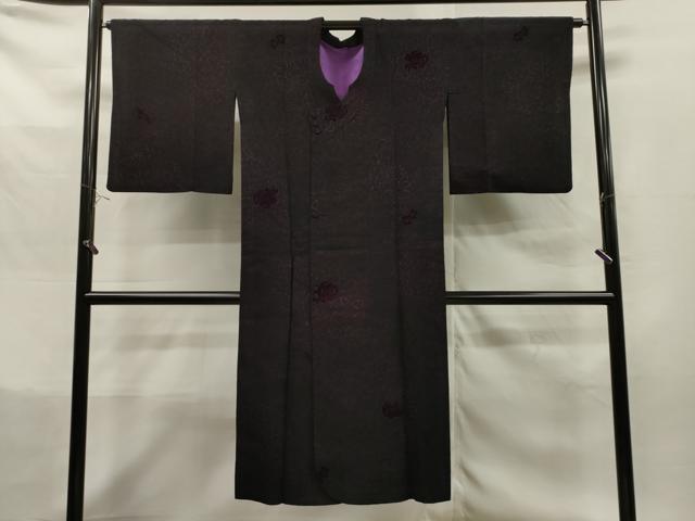 平和屋着物＃道行コート 輪奈ビロード 菊花地紋 黒紅色 ロング丈 正絹 逸品 CAAT0509dy