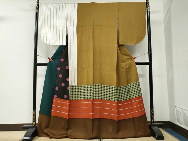 Rakuten - 平和屋着物●訪問着　水玉　横縞　千鳥格子　ロング丈　正絹　逸品　CABG0466yc
