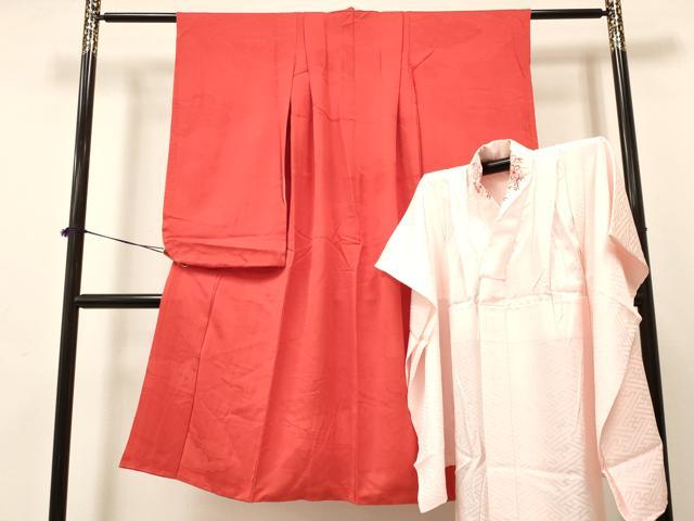 平和屋着物[]七五三　女の子　7歳　祝着　四つ身　長襦袢(無双仕立て・半衿刺繍)セット　雲地紋　緋色　逸品　DABA3606ma