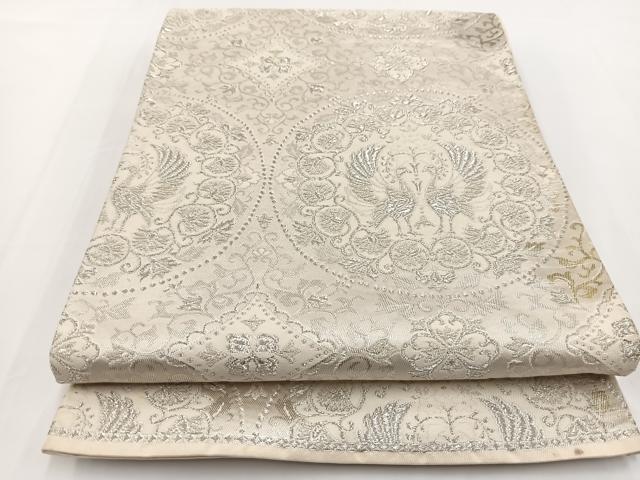 平和屋着物◎六通柄袋帯　向かい鳥更紗花文　銀糸　正絹　逸品　BAAV7240yc
