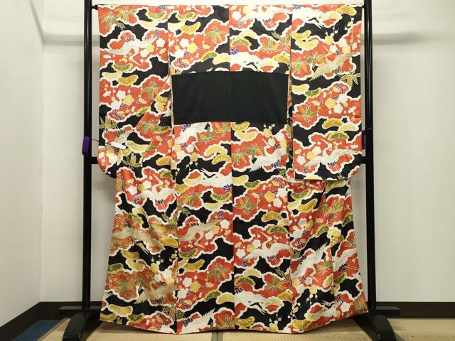 平和屋着物●豪華振袖　飛鶴松竹梅文　黒地　金彩　正絹　逸品　CABB0076gh