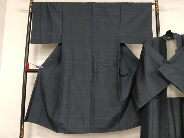平和屋着物●男性　紬　アンサンブル　色無地　濃藍色　正絹　逸品　AABA5035np