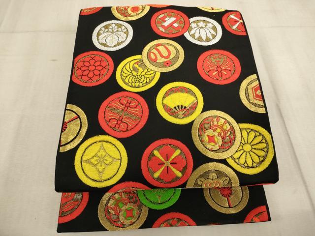 平和屋着物[]子供　全通柄袋帯　飛鶴花蝶丸文　黒地　金銀糸　逸品　AABB5828ja