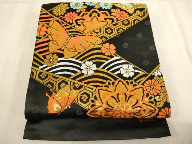 平和屋着物[]子供　西陣　全通柄袋帯　花蝶文　黒地　金糸　AABB5831ja