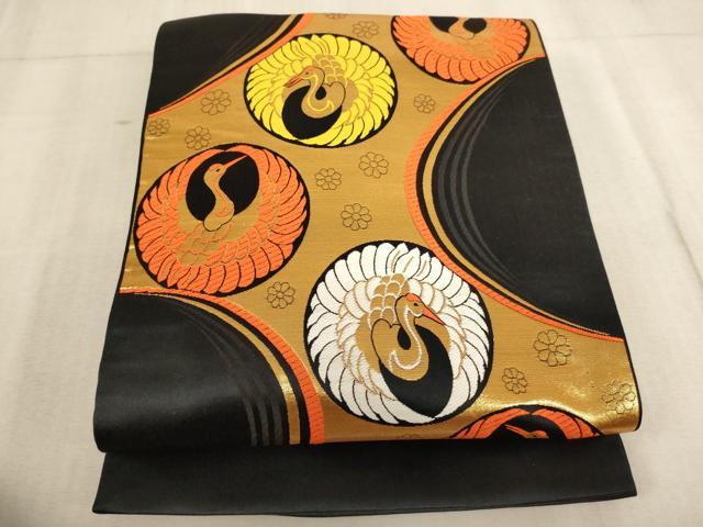 平和屋着物[]子供　全通柄袋帯　唐織　鶴丸文　黒地　金糸　逸品　未使用　AABB5832ja