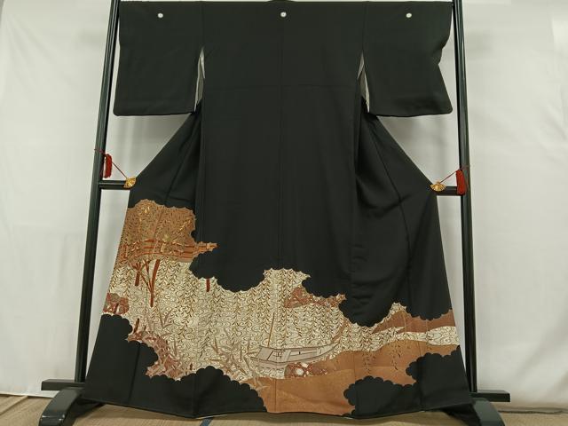 平和屋着物■豪華黒留袖 駒刺繍 渡橋流水文 金彩 正絹 逸品 AAAP7744jh