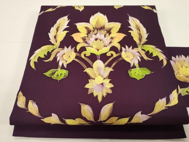 平和屋着物●塩瀬　九寸名古屋帯　手描き　更紗花文　金彩　正絹　逸品　CABD4351dy