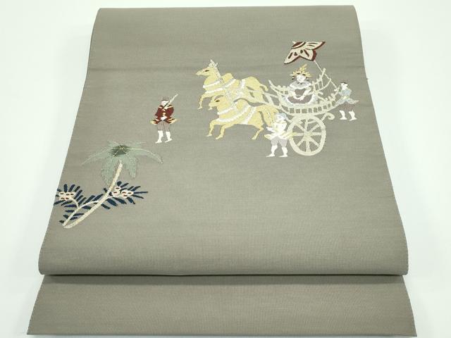 平和屋着物■極上　爪掻き本綴れ　八寸名古屋帯　西洋人物文　金銀糸　利休色地　逸品　CZAA3893s5