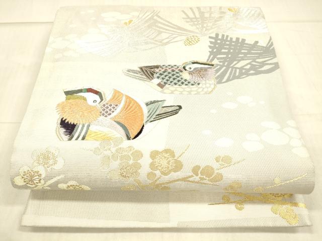 平和屋着物●人間国宝・羽田登喜男　太鼓柄袋帯　遊彩鴛鴦文様　金銀糸　正絹　逸品　DAAX0049cm
