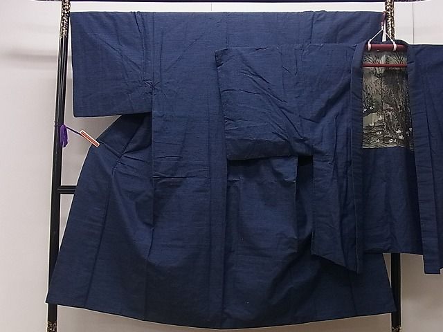 平和屋着物■男性 紬 アンサンブル 青藍色 逸品 CAAF0407dy