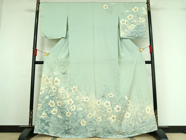 平和屋着物▽訪問着　単衣　花蝶文　暈し染め　銀彩　正絹　逸品　AABI7746jh