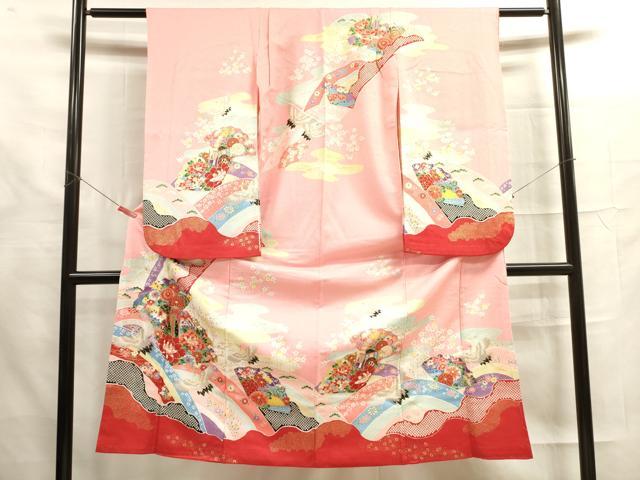 平和屋着物[]七五三　女の子　7歳　祝着　四つ身　飛鶴御所車花文　金彩　洗える着物　DAAR1375jm