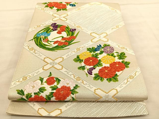 平和屋着物◎六通柄袋帯　唐織　菱天井花丸文　金銀糸　正絹　逸品　BAAU7938hv