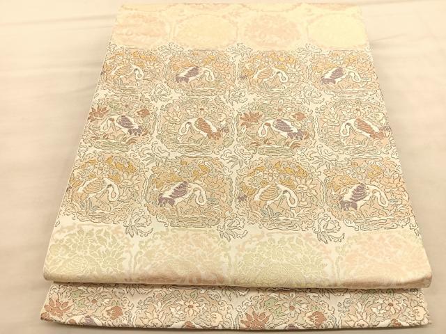 平和屋着物◎六通柄袋帯　唐織　格天井鶴花文　金銀糸　正絹　逸品　BAAU7946hv