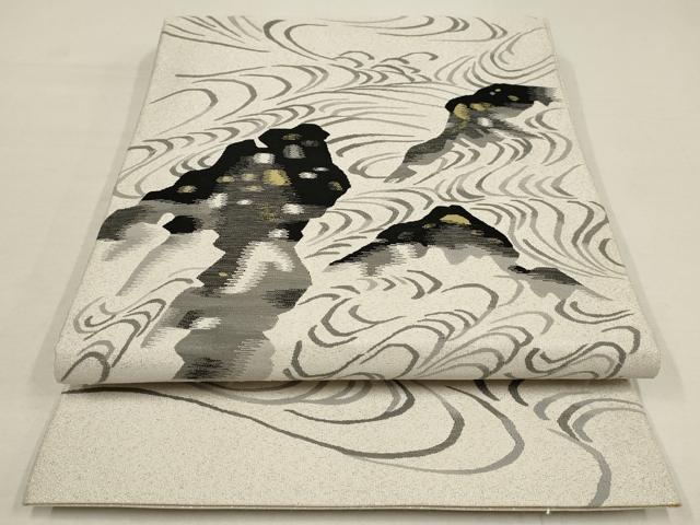 平和屋着物●綴れ　太鼓柄袋帯　枯山水　銀通し地　正絹　逸品　AAAT1180wj