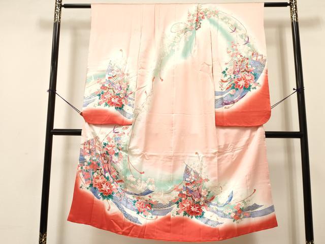 平和屋着物[]七五三　女の子　7歳　祝着　四つ身　駒刺繍　几帳御所車花文　暈し染め　金銀彩　逸品　DABA3628ma