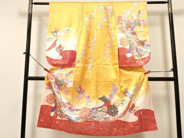 平和屋着物[]七五三　女の子　7歳　祝着　四つ身　束ね熨斗御所車花蝶文　暈し染め　金彩　逸品　DABA3632ma