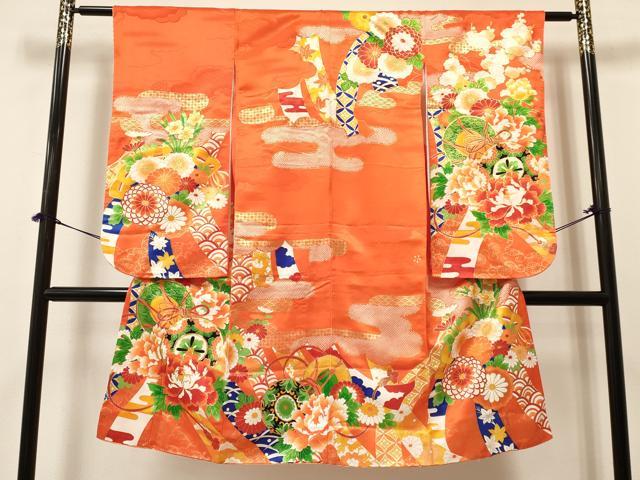 平和屋着物[]七五三　女の子　7歳　祝着　四つ身　駒刺繍　鼓花文　金彩　洗える着物　DABA3640ma