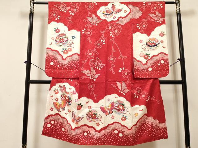 平和屋着物[]七五三　女の子　7歳　祝着　四つ身　絞り　鞠花蝶文　金彩　逸品　DABA3641ma